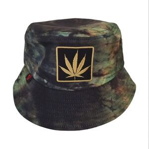 Y2K Green Camo Tie Dye Weed Leaf Embroidered Unisex Grunge Bucket Hat